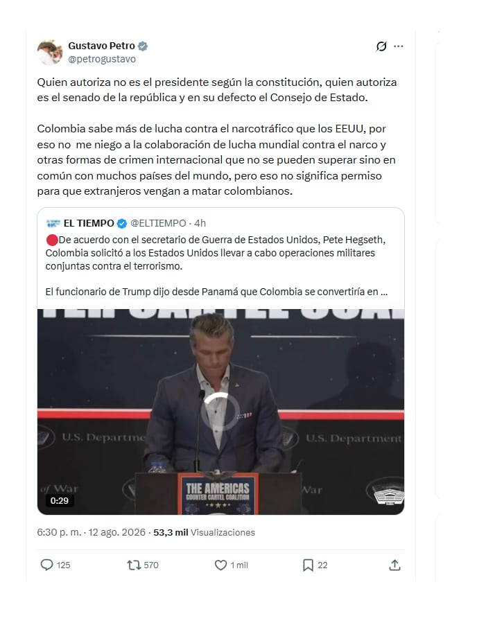 El presidente Gustavo Petro le salió al paso a las declaraciones del secretario de Guerra, Pete Hegseth, sobre la presencia militar de EE. UU. en Colombia - crédito @petrogustavo/X