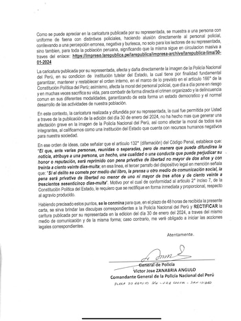 Carta notarial de la Policía al Grupo La República por la caricatura de 'Carlín'