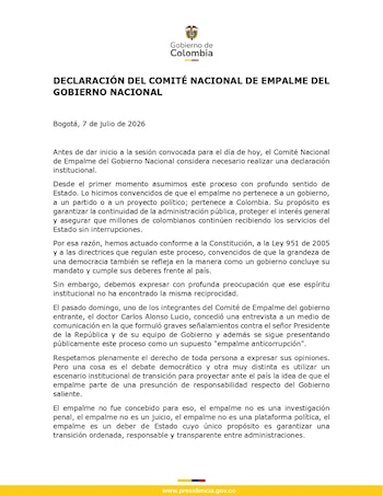 El Comité Nacional de Empalme del Gobierno de Colombia suspendió este 7 de julio de 2026 su participación en las sesiones conjuntas con el equipo entrante y llevó la disputa al terreno judicial - crédito @infopresidencia/X