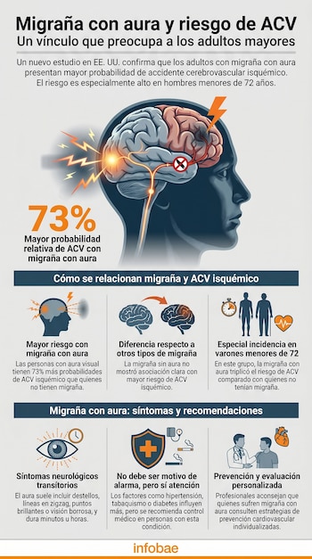 Infografía ilustra una cabeza humana con el cerebro resaltado y un rayo, simbolizando migraña con aura. También muestra porcentajes y gráficos sobre el riesgo de ACV isquémico.
