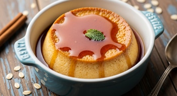 Flan de avena dorado con salsa de caramelo brillante y una hoja de menta, servido en un cuenco azul sobre una mesa de madera con granos de avena y canela.