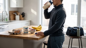 Hombre bebiendo un batido de proteína junto a un cartón de huevos, yogur griego, plátanos y un bolso deportivo.