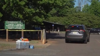 Vista trasera de un SUV compacto gris con luces rojas y azules intermitentes en un camino. Un letrero verde de 'Leinbach Park' y cinta amarilla son visibles a la izquierda