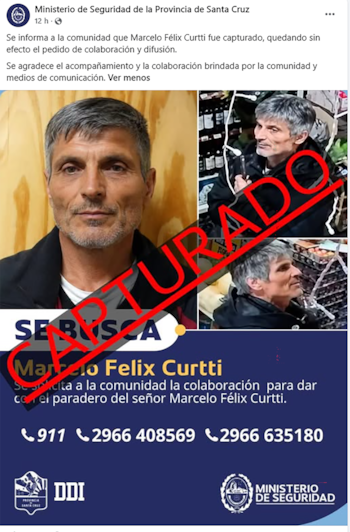 Retrato de Marcelo Félix Curtti con texto rojo "CAPTURA DO" superpuesto a un cartel azul de "SE BUSCA", mostrando información y logos de seguridad