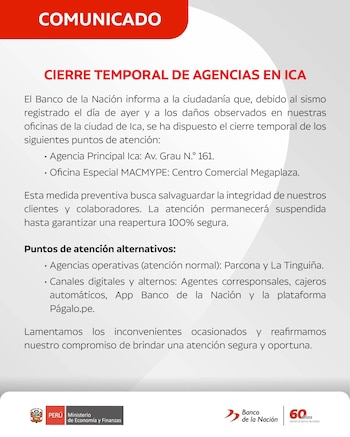 Un comunicado oficial del Banco de la Nación con letras rojas sobre un fondo blanco, informando el cierre temporal de agencias en Ica por sismo