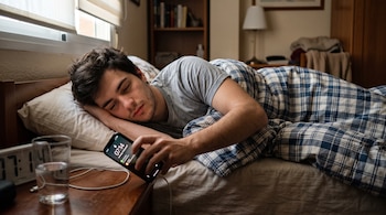 Un hombre en la cama toma un teléfono móvil encendido junto a un reloj digital y un vaso de agua.