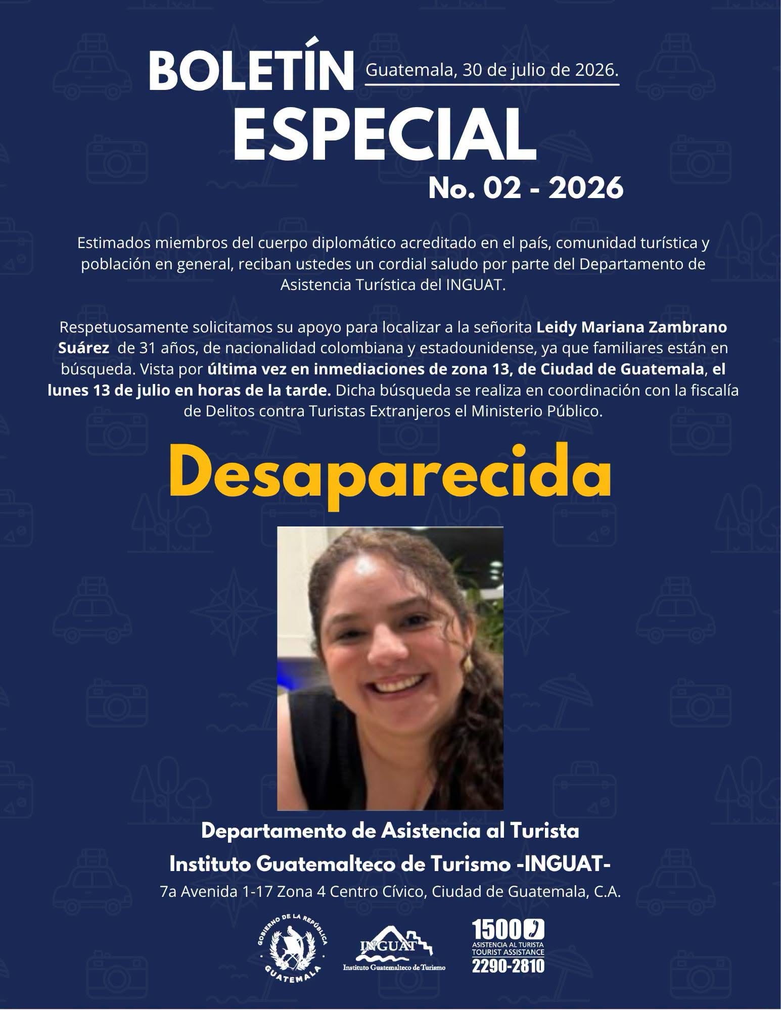 El INGUAT, el Departamento de Asistencia Turística y la Fiscalía de Delitos contra Turistas Extranjeros abrieron expedientes para coordinar la búsqueda en Guatemala. (Inguat)