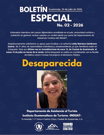 Las autoridades difundieron la descripción física de Leidy Mariana Zambrano Suárez y habilitaron la línea 1572, en un contexto de aumento del turismo internacional en Guatemala.