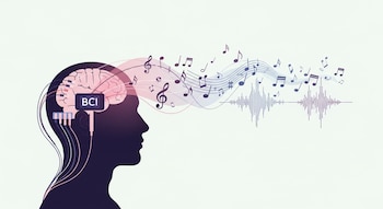 Ilustración de perfil de una silueta humana con un implante BCI en el cerebro, del que emergen notas musicales, pentagramas y ondas de sonido sobre un fondo claro.