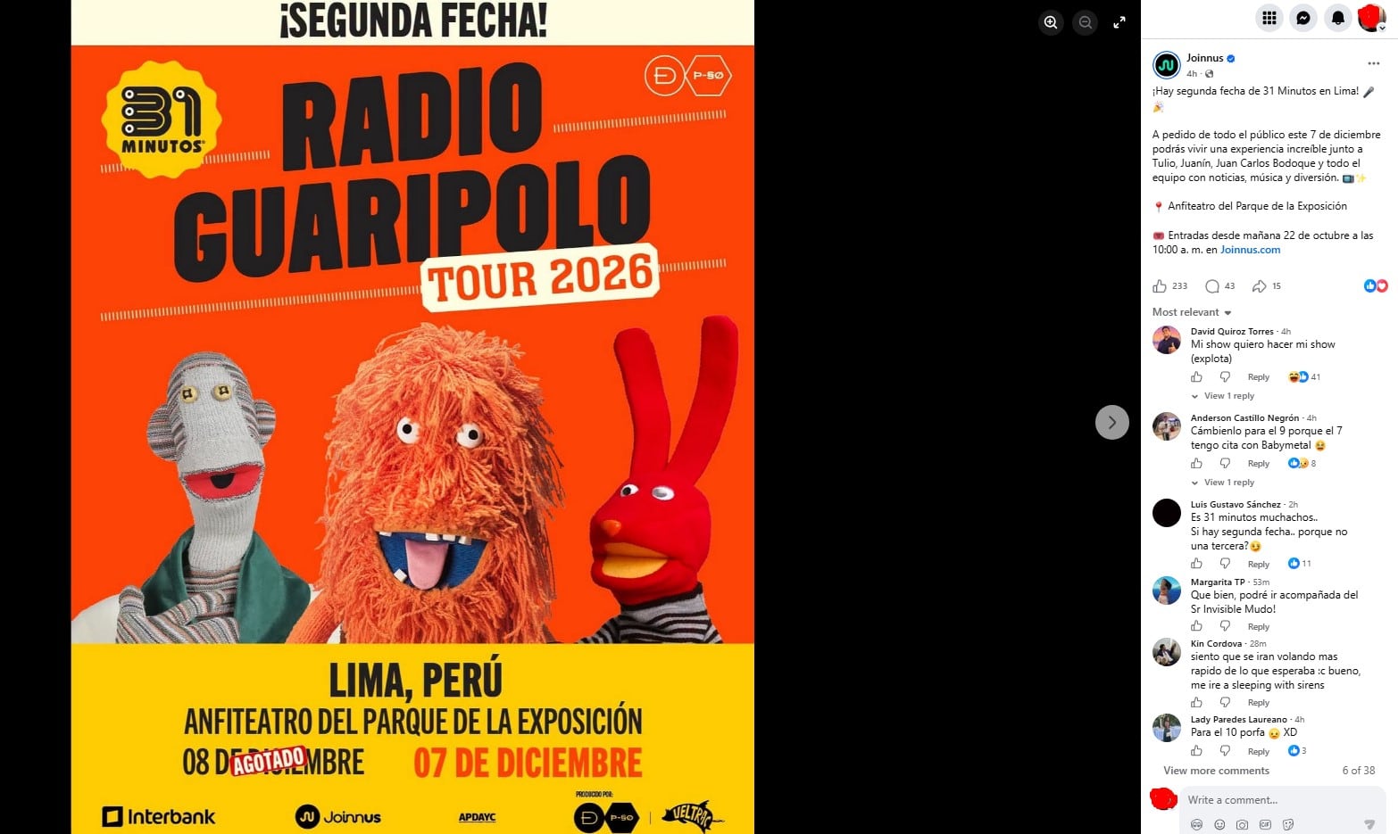 31 Minutos confirma nueva fecha en Lima tras el sold out de su primer concierto. Captura: Joinnus.