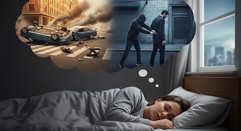 Persona durmiendo en cama con una burbuja de pensamiento que muestra un coche volcado tras un accidente y una persona robando a otra en la calle.