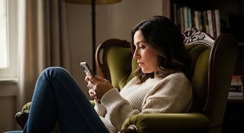 Mujer sentada en un sillón verde con adornos, usando un teléfono móvil. Viste un suéter claro y jeans. Hay una ventana y una estantería en el fondo.