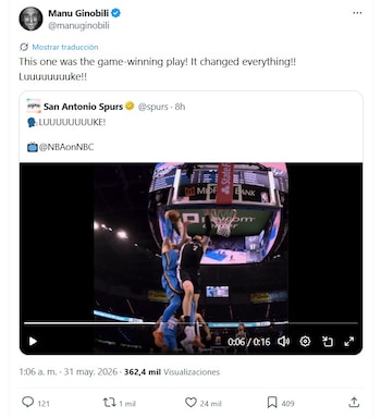 Captura de pantalla de un tuit de Manu Ginobili, mostrando un video de un jugador de baloncesto realizando un mate en un partido de la NBA