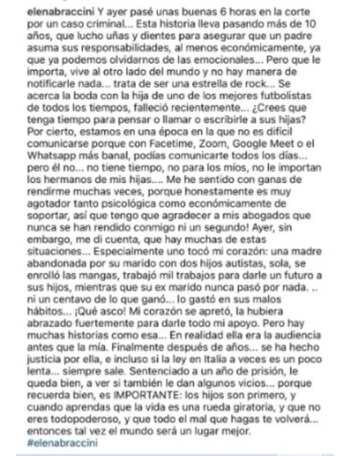 El texto del posteo de Elena Braccini