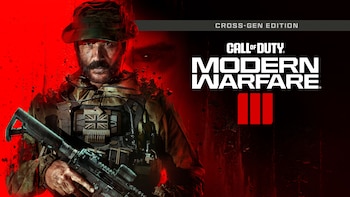 Hombre con sombrero militar, uniforme y rifle. Bandera de Reino Unido en el chaleco. Texto 'CROSS-GEN EDITION' y 'CALL OF DUTY MODERN WARFARE III'. Fondo rojo