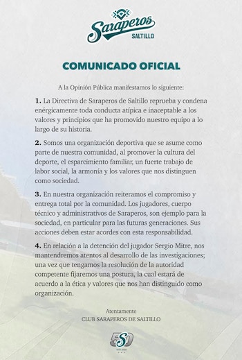 Comunicado de Saraperos de Saltillo