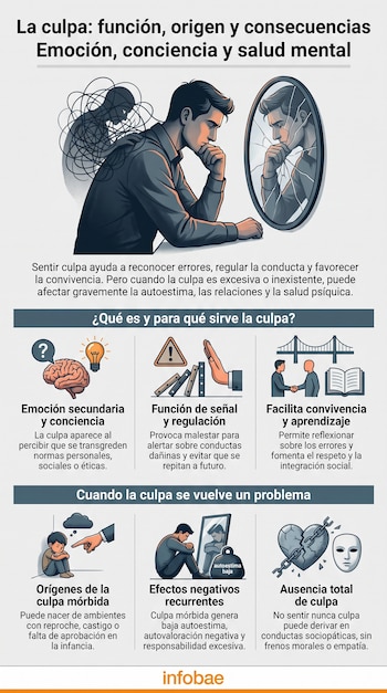 Infografía sobre la culpa con ilustraciones: hombre pensativo, espejo roto, cerebro, bombilla, dominós, personas, libro, niño, peso, corazón roto, máscara.