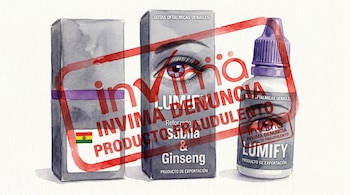 Ilustración de acuarela de un frasco y dos cajas de gotas para los ojos Lumify, marcadas con sellos rojos de "INVIMA DENUNCIA PRODUCTO FRAUDULENTO".