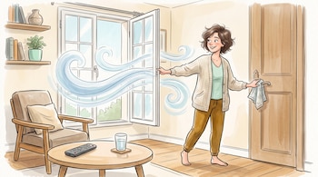 Ilustración de una persona que abre una ventana por donde entran ondas de aire, mientras pasa un paño por la manija de una puerta de madera.