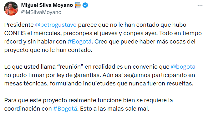 El secretario de Bogotá, Miguel Silva, cuestionó decisiones del Gobierno sobre el Regiotram del Norte y aseguró que se habrían tomado sin coordinación con el Distrito. - crédito @MSilvaMoyano/X