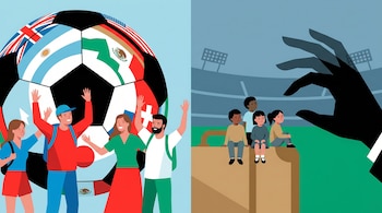 Ilustración dividida: izquierda, balón de fútbol con banderas y turistas alegres; derecha, niños serios en una maleta frente a un estadio, con una mano oscura que los acecha.