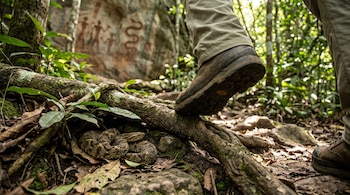 Bota de senderismo sobre raíz. Serpiente enrollada en suelo de hojas. Pinturas rupestres de humanos y serpiente en pared rocosa de selva.