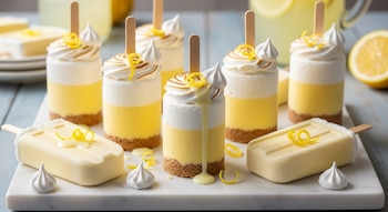 Postres y paletas de pay de limón con capas de galleta, relleno amarillo, merengue blanco, palitos de madera y ralladura de limón, sobre una bandeja de mármol.