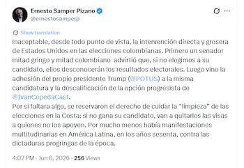 En su mensaje, el exmandatario sostuvo que desde Estados Unidos se ha sugerido desconocer los resultados de las elecciones si no resulta elegido el candidato que cuenta con su respaldo político - crédito @ernestosamperp/X