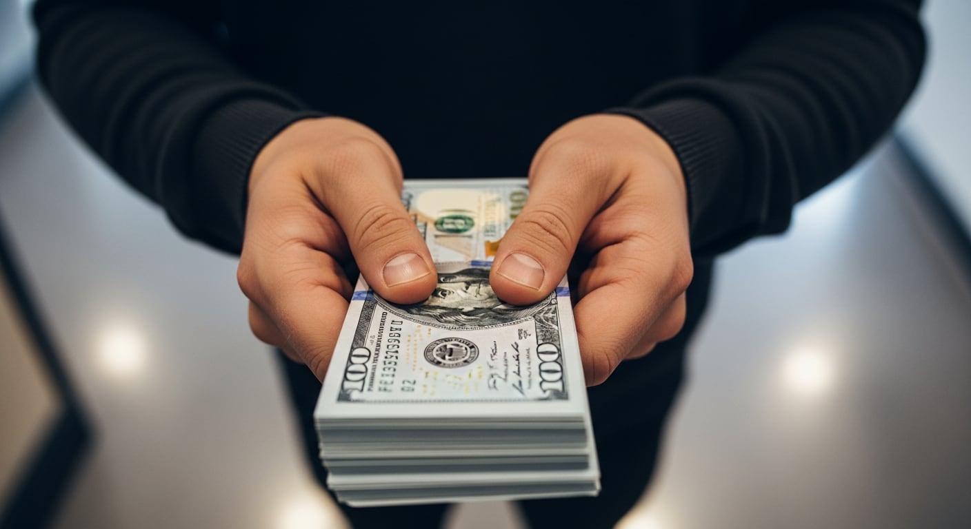 Una persona anónima sostiene un grueso fajo de billetes de cien dólares, representando conceptos de finanzas y transacciones económicas. (Imagen Ilustrativa Infobae)