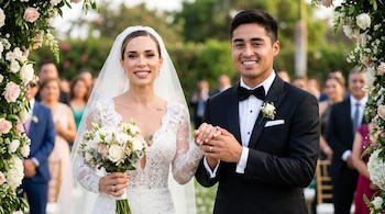 Ale Venturo y Rodrigo Cuba, vestidos de novia y novio, se toman de la mano y sonríen bajo un arco floral en su ceremonia de boda al aire libre.
