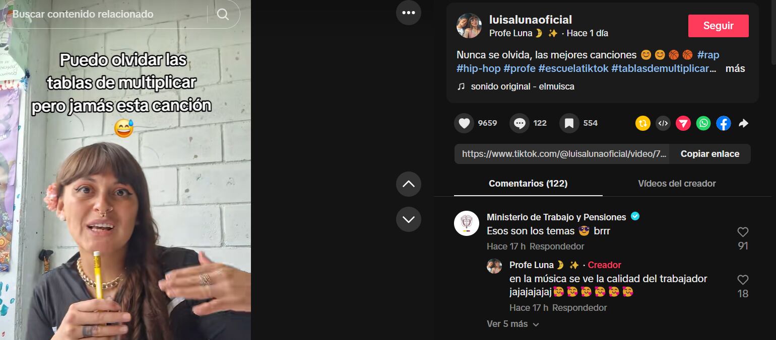 Un video humorístico de una profesora cantando una canción fue comentado por el Ministerio del Trabajo con un “Estos son los temas ” - crédito @luisalunaoficial/TikTok