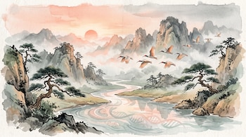 Ilustración en acuarela de aves blancas de cabeza roja volando sobre un río en un paisaje montañoso con pinos y sol naciente.