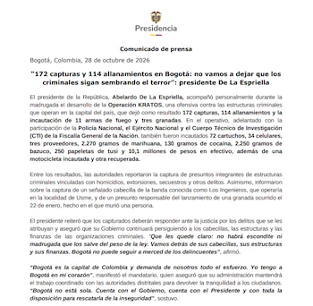 Comunicado oficial de Presidencia con el balance del operativo en Bogotá en la madrugada del miércoles 28 de octubre - crédito Presidencia de la República