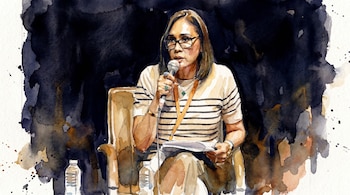 Ilustración en acuarela de una mujer con gafas y camiseta a rayas sentada, hablando por un micrófono. Se ve una botella de agua a su lado.