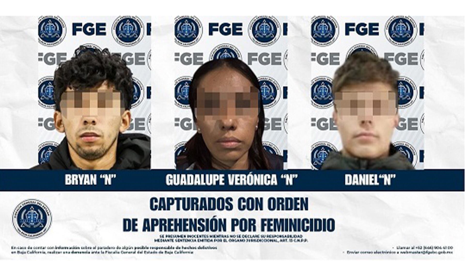 Dos hombres y una mujer fueron detenidos mediante ordenes de aprehensión por su presunta relación con el asesinato de la jurista tijuanense. Crédito: FGE Baja California