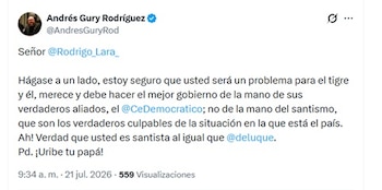Rodríguez falou com Lara na manhã de terça-feira, 21 de julho de 2026 - crédito @AndresGuryRod/X