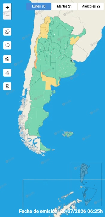 Mapa del territorio de Argentina con divisiones provinciales en verde, amarillo y naranja. Controles de zoom, pestañas de días, iconos de clima y fecha de emisión