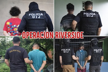 Collage de cuatro fotografías con oficiales de Policía OIJ que escoltan a individuos arrestados y esposados; el texto OPERACIÓN RIVERSIDE aparece en rojo.