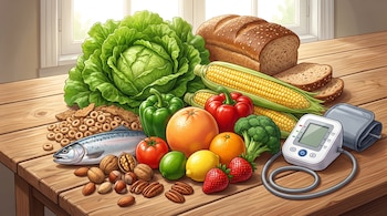 Frutas, verduras, frutos secos, pan, un pescado y un tensiómetro digital sobre una mesa de madera junto a una ventana.
