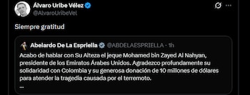 Álvaro Uribe - crédito @AlvaroUribeVel/X