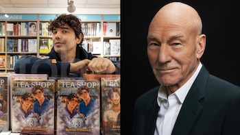 Composición con Bruno Pinasco detrás de varios libros en una librería y un retrato en primer plano del actor Patrick Stewart con saco oscuro