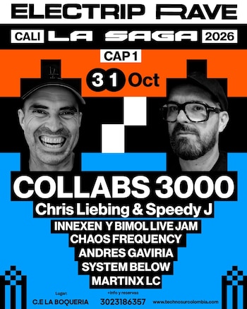 Los disyoqueis Chris Liebing y Speedy J realizan su debut en Sudamérica con el proyecto Collabs 3000 en Cali, como parte del Electrip Rave - crédito @electripravecali/Instagram