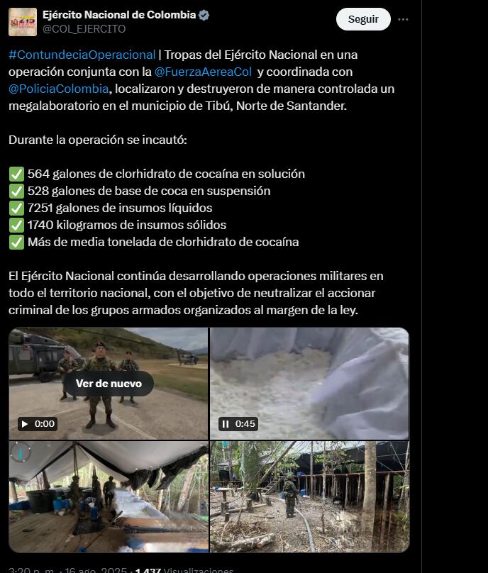 Durante la intervención, los equipos de seguridad incautaron una cantidad considerable de insumos y sustancias químicas empleadas en la producción de estupefacientes - crédito Ejército Nacional de Colombia