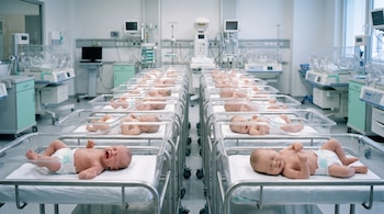 Una sala de hospital con varias filas de cunas. En cada cuna hay un muñeco de recién nacido. Equipamiento médico y monitores se observan al fondo.
