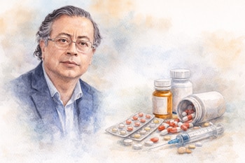 Dibujo en acuarela de Gustavo Petro con traje azul y gafas a la izquierda, junto a pastillas, blísteres, frascos de medicamentos y una jeringa a la derecha.