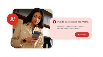 Una mujer joven mira su smartphone. Una alerta de Google sobre la imagen indica una posible llamada de spoofing, sugiriendo que "no sea Mamá".