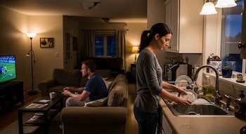 En primer plano, una mujer con el cabello recogido lava platos en un fregadero iluminado. Al fondo, un hombre se sienta en un sofá mirando la televisión.