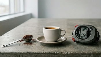 Una cuchara de metal con café molido, una taza de espresso blanca en un platillo, y un reloj digital con pantalla que marca 02:18
