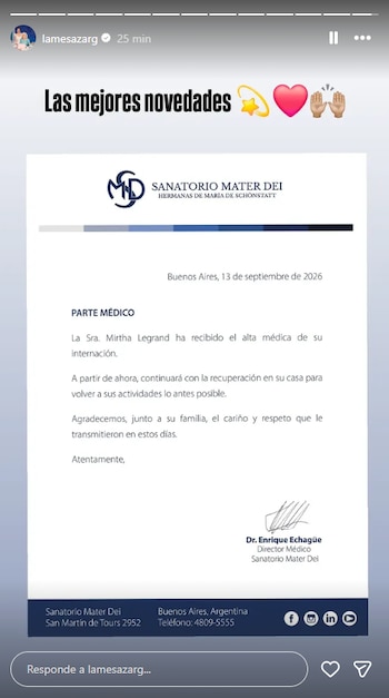 El comunicado del sanatorio Mater Dei fue difundido por la cuenta de Instagram de La Mesaza y llevó la firma del director médico Enrique Echagüe