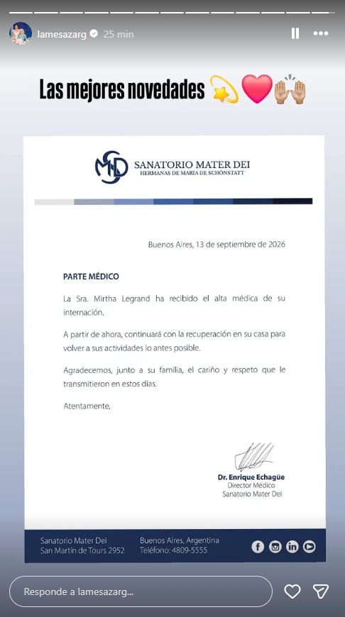 El comunicado del sanatorio Mater Dei fue difundido por la cuenta de Instagram de La Mesaza y llevó la firma del director médico Enrique Echagüe